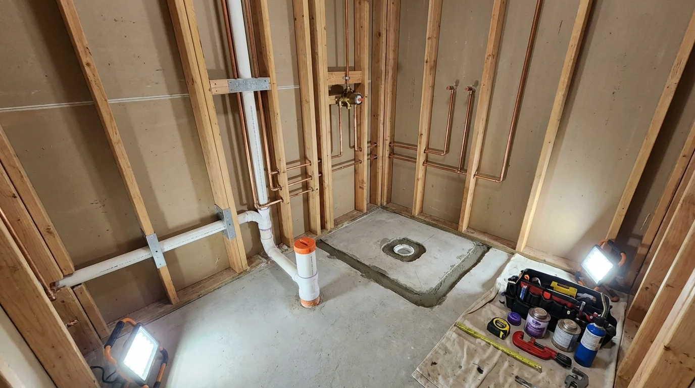 Bathroom rough-in plumbing during remodel by Johns Plumbing LLC in Deerfield Beach