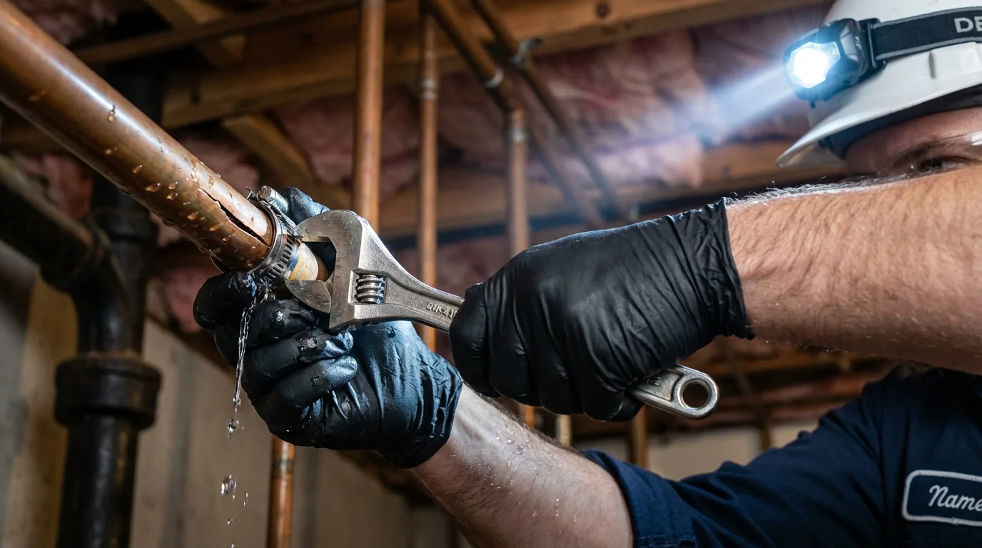 Emergency pipe clamp repair being performed by a Johns Plumbing LLC plumber in Deerfield Beach