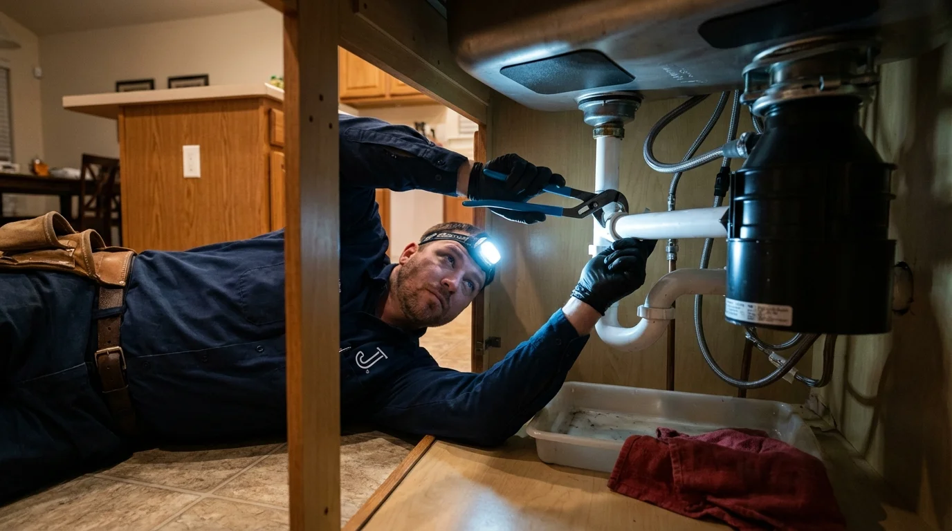 P-trap and supply line connections under a kitchen sink showing a common leak point in Deerfield Beach, FL